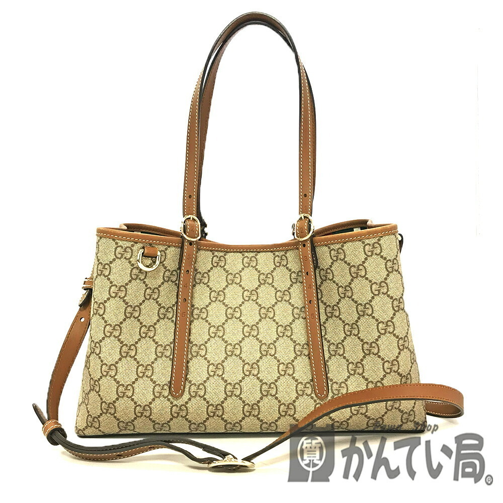 GUCCI Tote Bag GG Emblem Brown Beige Magnetic Closure Shoulder